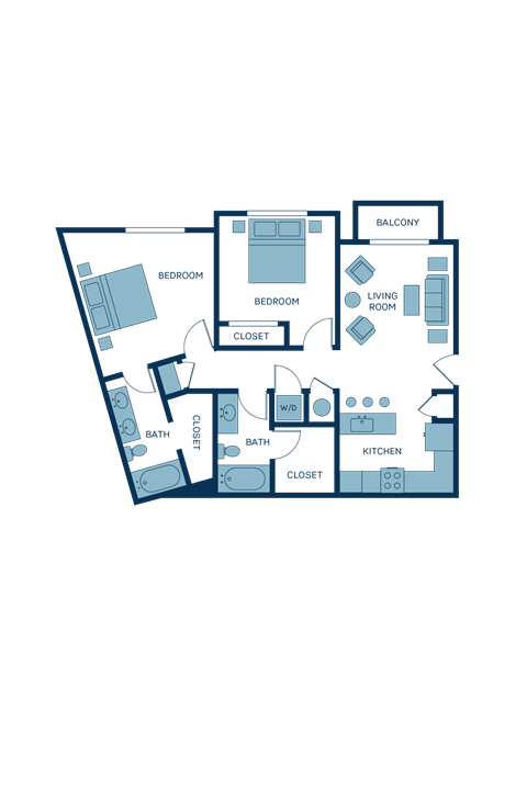 Floor plan for 2 beds, 2 baths, 986 sqft